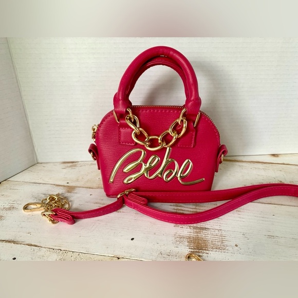 BEBE Gianna mini dome bag crossbody purse raspberry pink gold tone faux leather - Picture 16 of 16